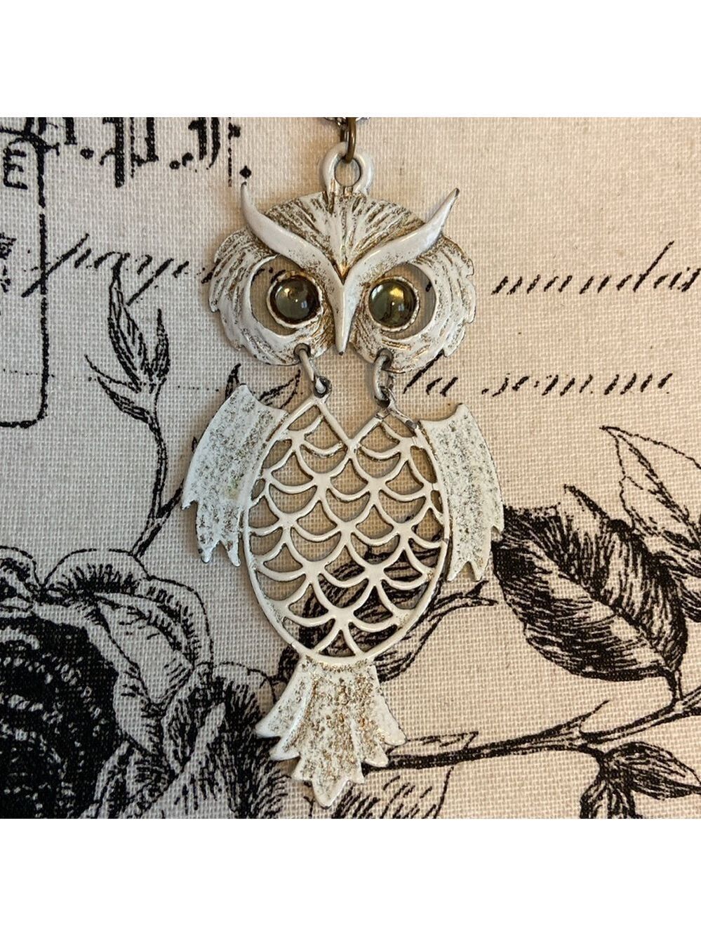 Distressed Owl Necklace Articulated Metal White & Brown